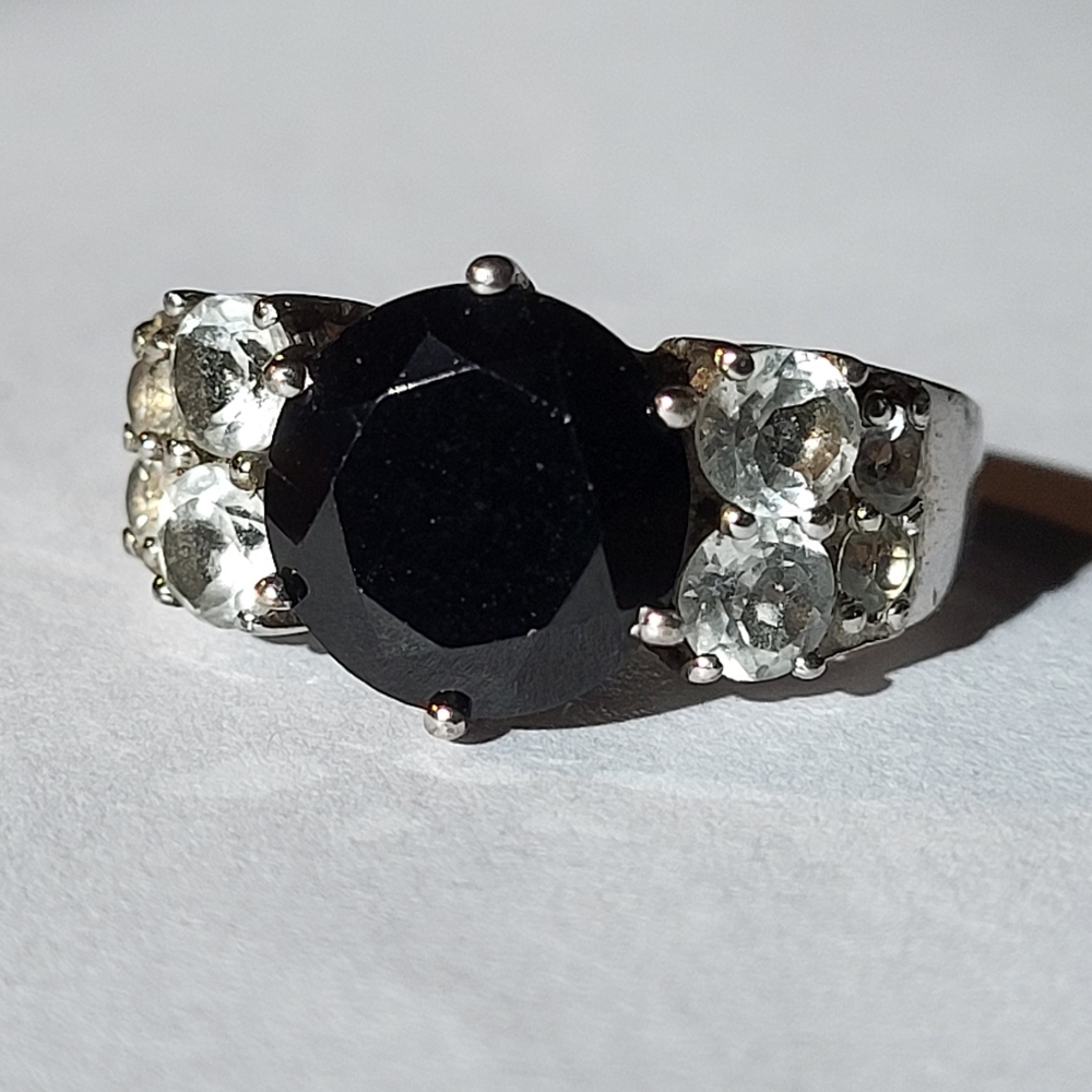 Black Spinel And White Topaz Ring Set In .925 Sterling Silver Sz 7